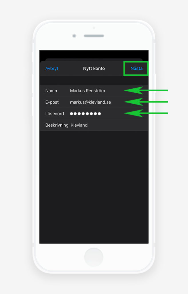 E-postkonto iOS iPhone/iPad - Uppgifter