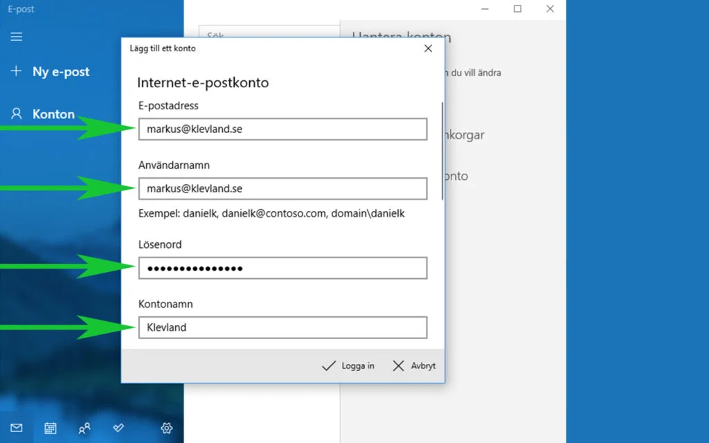 E-postkonto Windows - Serverinställningar