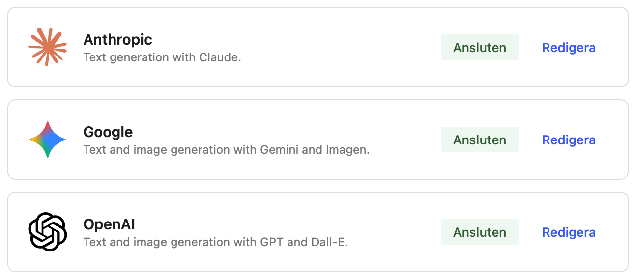 Lista över AI-integrationer i WordPress 7: Anthropic, Google och OpenAI.